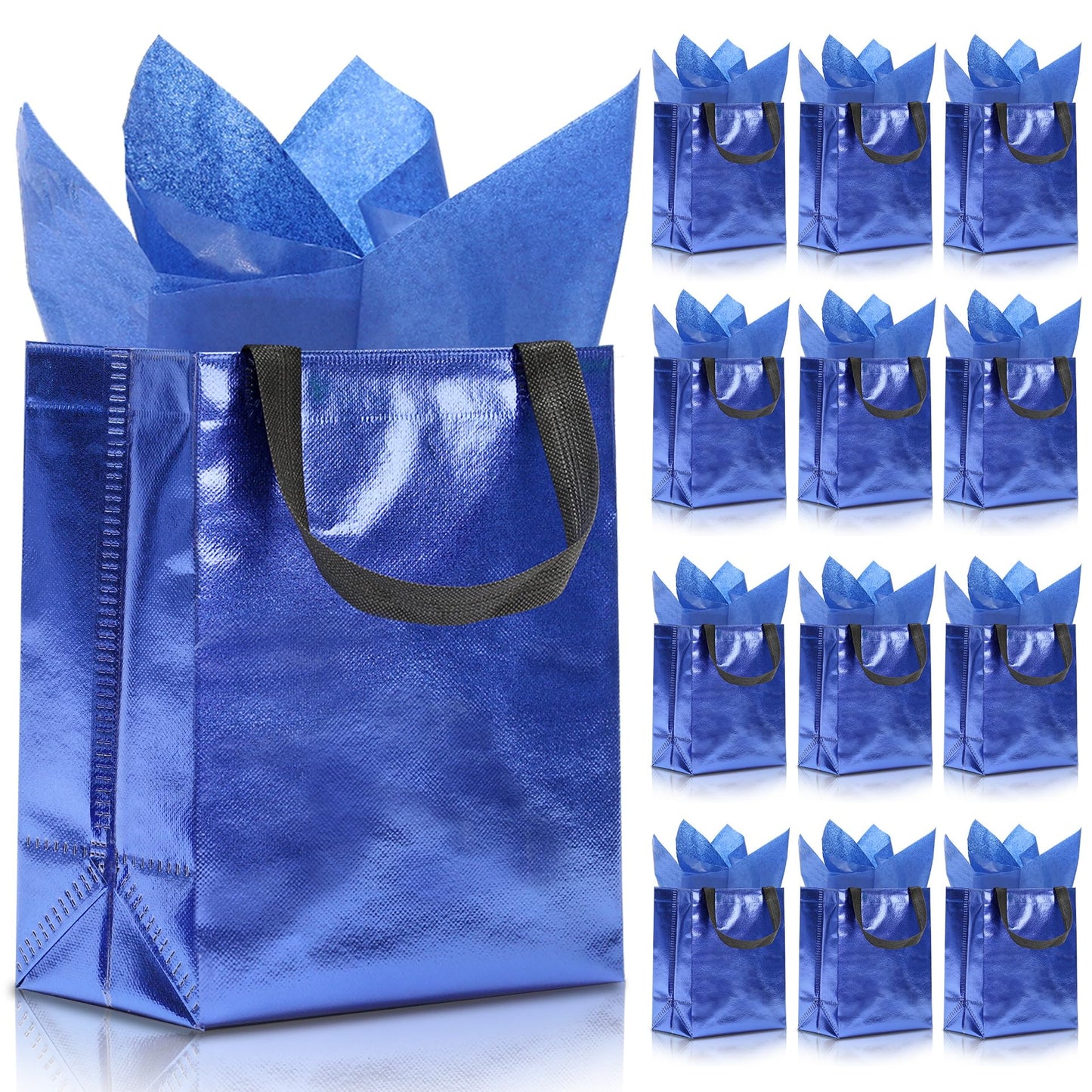 KeerxunBag 12pcs Reusable Gift Bags（Includes Tissue Paper） Gift bag with handle Birthdays Parties Holidays Weddings Medium 10x4x8in blue Gift Bags