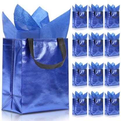 KeerxunBag 12pcs Reusable Gift Bags（Includes Tissue Paper） Gift bag with handle Birthdays Parties Holidays Weddings Medium 10x4x8in blue Gift Bags