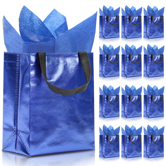 KeerxunBag 12pcs Reusable Gift Bags（Includes Tissue Paper） Gift bag with handle Birthdays Parties Holidays Weddings Medium 10x4x8in blue Gift Bags