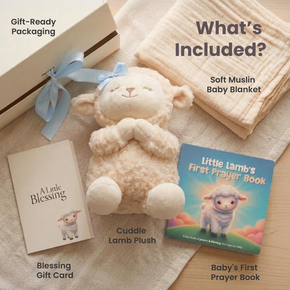 Baptism Gift for Boy Baptism Set with 10" Praying Lamb Plush Toy with Blue Bow, Bamboo Muslin Blanket & First Prayer Book, Ready to Gift Keepsake Box