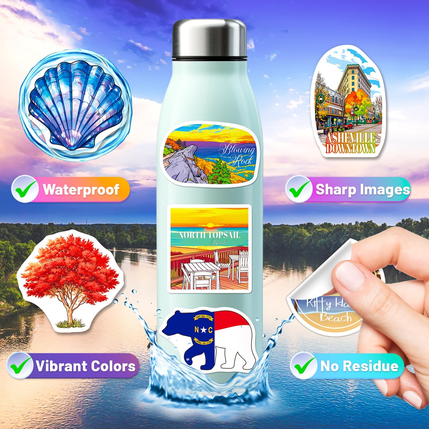 YTSQLER 200 PCS North Carolina Stickers, North Carolina Travel Stickers for Laptop Party Supplies Water Bottle Journal, Vinyl Travel Souvenirs Decals for Women Men Teens