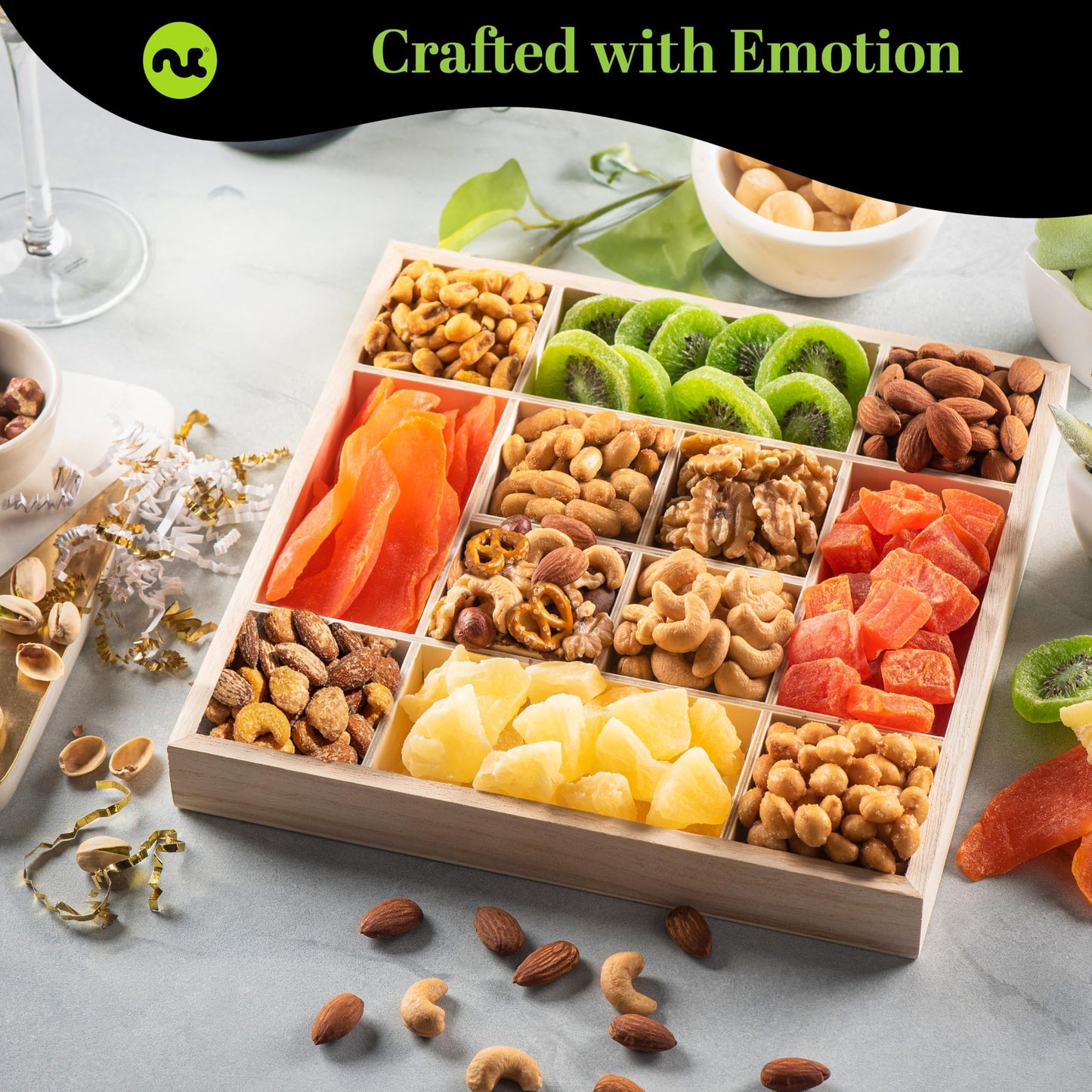 NUT CRAVINGS - Fathers Day Treats, Gift For Dad, Dried Fruit & Mixed Nuts Gift Basket in Reusable Wooden Tray + Ribbon (12 Assortments) Food Arrangement, Healthy Snack Care Package, Kosher