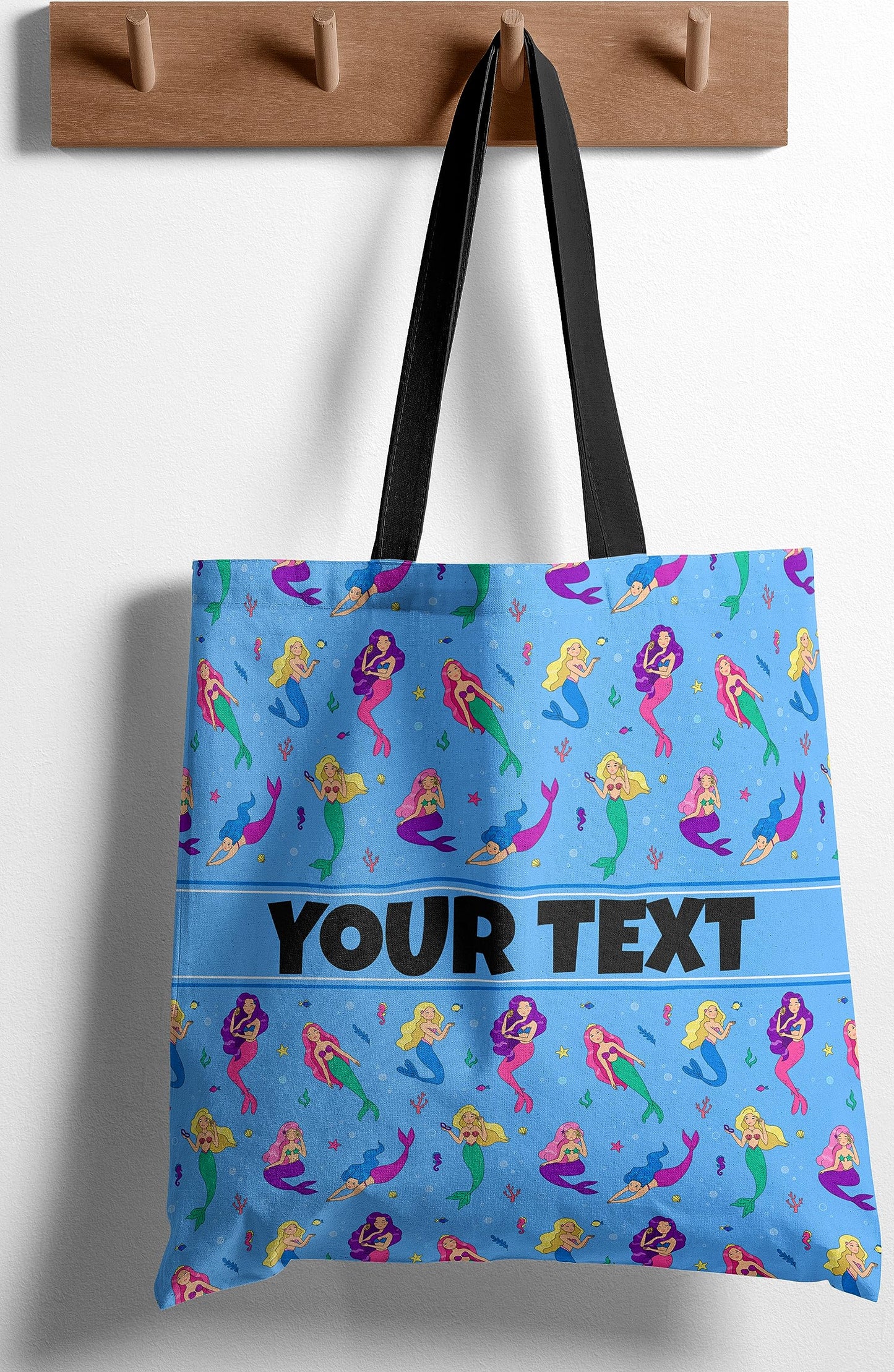 Personalized Tote Bag - Mermaids, Custom Name/Text, Reusable w/Straps, Canvas Cloth Fabric, Customized Gift Idea, Birthday/Christmas/Holiday Present, 18x18