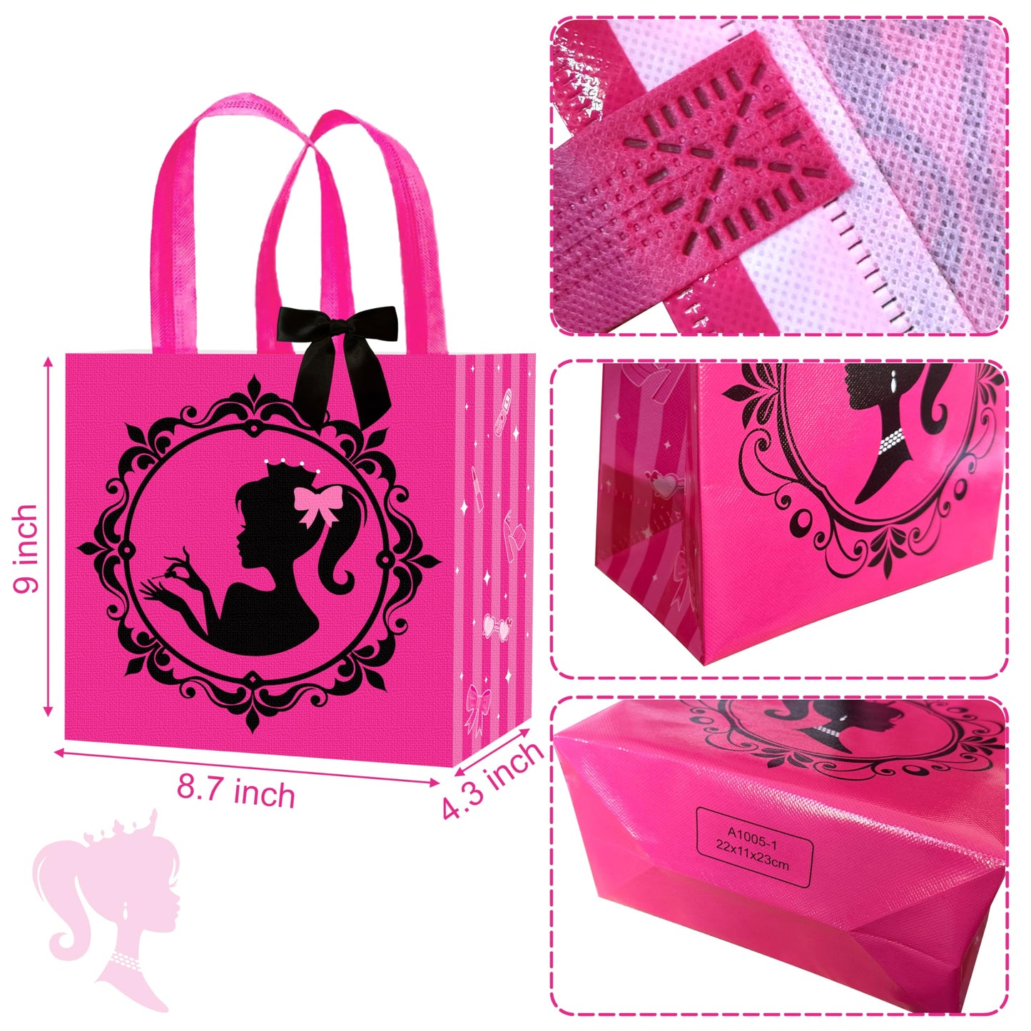 C L cooper life 12pcs Hot Pink Girl Party Gift Treat Bags with Handles Pink Girl Grocery Shopping Bag Princess Theme Non-Woven Bags for Girls Birthday Party Ladies Bachelorette Party Supplies
