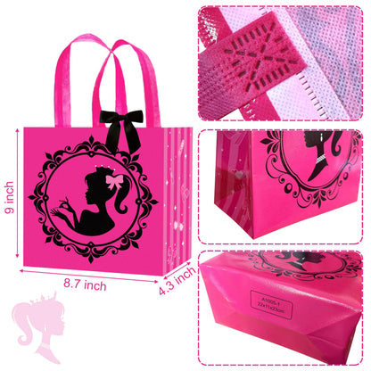 C L cooper life 12pcs Hot Pink Girl Party Gift Treat Bags with Handles Pink Girl Grocery Shopping Bag Princess Theme Non-Woven Bags for Girls Birthday Party Ladies Bachelorette Party Supplies