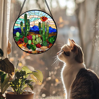 DASTOLL Stained Glass Window Hanging, Green Cactus Suncatcher for Doors Window Home Plant Landscape Sun Catchers Decoration Mother's Day Birthday Gifts for Women, Men, and Mom 7.8 in