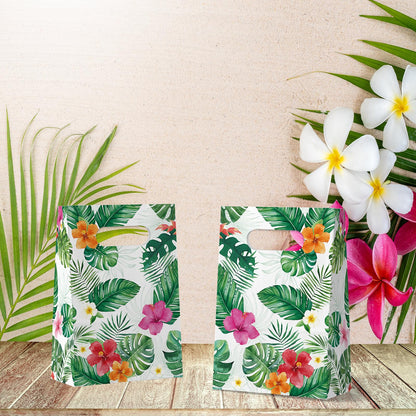FRIDAY NIGHT 24 Pcs Luau Party Favor Bags Hawaiian Tropical Gift Bags with Handles White Paper Treat Bags Monstera Leaf Floral Design for Summer Birthday Decorations