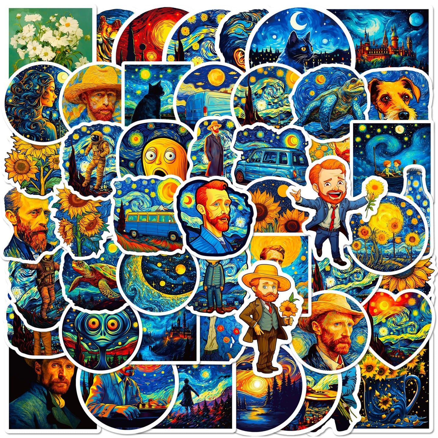 Yoksas 50Pcs Van Gogh Starry Night Artistic Small Stickers - Vinyl Waterproof Aesthetics Sunflowers Oil Painting Stickers for Water Bottles,Scrapbook,Laptops,Luggage,Journals