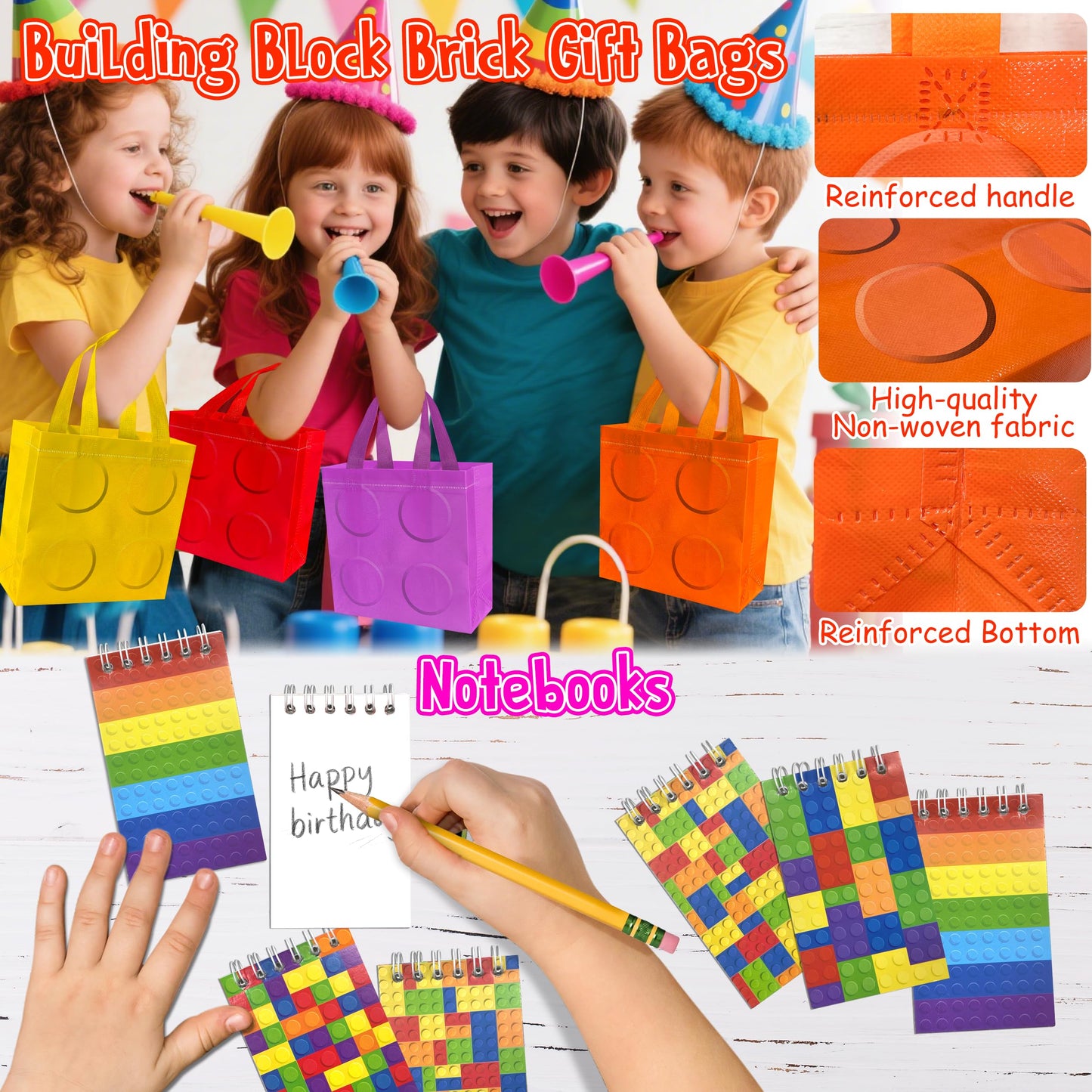 LINAYE 12 Packs Building Blocks Party Favors - 122 Pcs Birthday Party Favors Supplies with Goodie Bags, Animals Building Blocks, Notebooks, Tattoo Stickers Sheets Gift Bag Stuffers for Kids