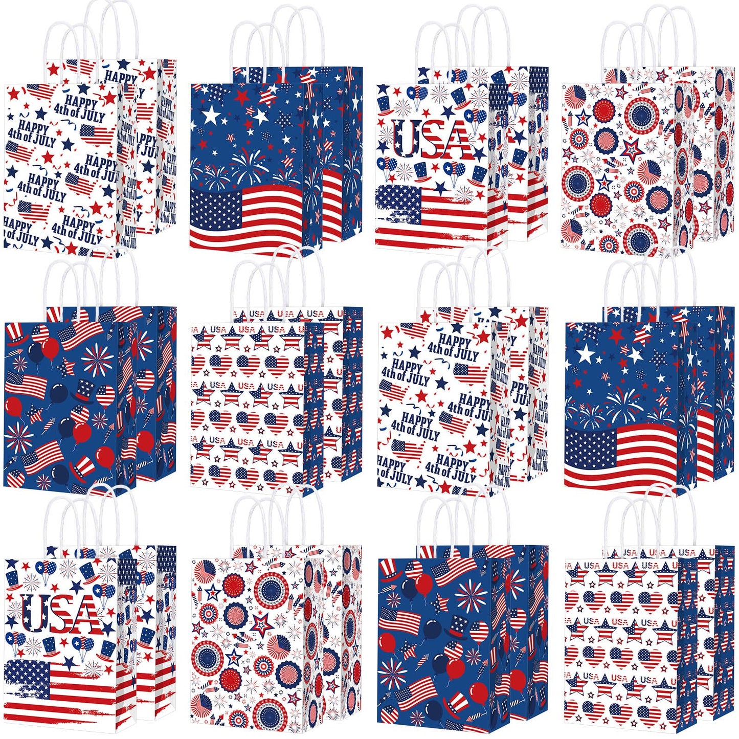 Glenmal 24 Pcs 4th of July Gift Bags with Handle Patriotic Red Blue White Gift American Flag Paper Candy Treat Goodie Bags for Wrapping Memorial Day Independence Day Party Favor