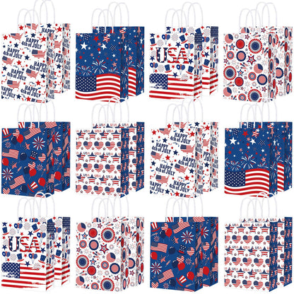 Glenmal 24 Pcs 4th of July Gift Bags with Handle Patriotic Red Blue White Gift American Flag Paper Candy Treat Goodie Bags for Wrapping Memorial Day Independence Day Party Favor