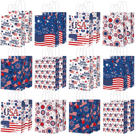 Glenmal 24 Pcs 4th of July Gift Bags with Handle Patriotic Red Blue White Gift American Flag Paper Candy Treat Goodie Bags for Wrapping Memorial Day Independence Day Party Favor