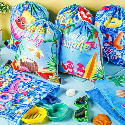 Hosuly 24 Pcs Summer Pool Party Favor Drawstring Bags Hawaiian Backpacks Swimming Pool Party Decoration Goodie Treat Gift Bags Beach for Kids Boy Girl Summer Birthday Beach Hawaiian Supplies