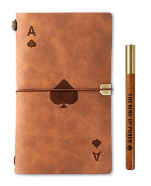 InnoBeta Poker Gifts for Men Women, Journal Pen Set for Poker Players on Birthday, Christmas, Unique Notebook, Sketchbook, Travel Diary, Lined Planner, 7.8x5 Inches, Brown