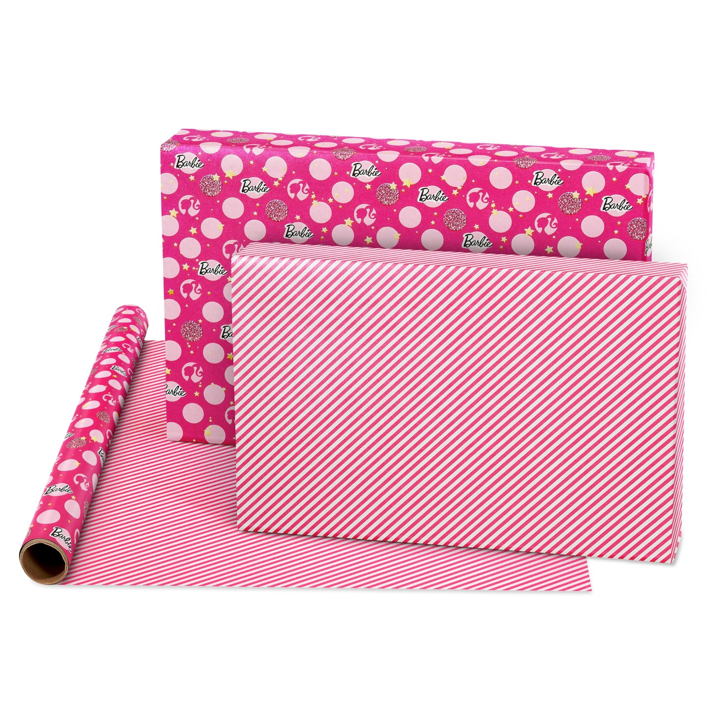 American Greetings 75 sq. ft. Reversible Barbie Wrapping Paper for Birthdays and All Occasions, Stars, Polka Dots and Stripes (1 Roll, 30 in. x 30 ft.)
