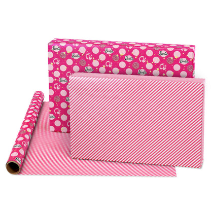 American Greetings 75 sq. ft. Reversible Barbie Wrapping Paper for Birthdays and All Occasions, Stars, Polka Dots and Stripes (1 Roll, 30 in. x 30 ft.)