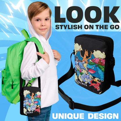 Pokemon Crossbody Bag for Kids, Small Shoulder Bag for Travel, Pikachu Gengar Eevee, Anime Gifts for Girls