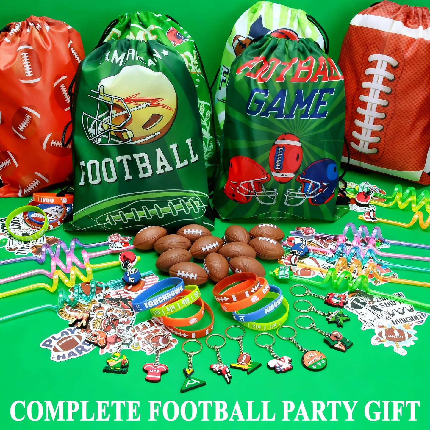 J6&H6 110 Pcs Football Party Favors Football Goodie Bags Including 12 Football Drawstring Bags Stress-relieving Football Straws Keychains silicone Wristband and stickers for FootballParty Gift.