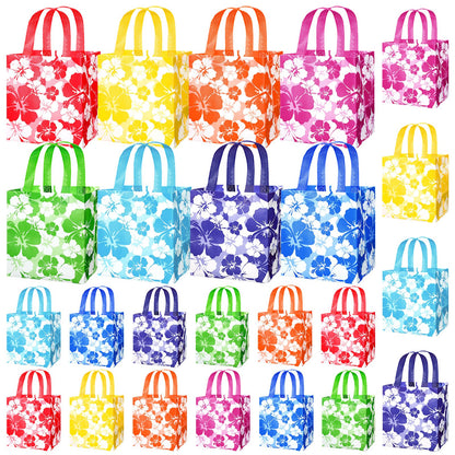Teling 24 Pcs Large Hawaiian Party Favor Tote Bags 15lb Non Woven Hibiscus Goodie Gift Bag with Handles Luau Tropical Aloha Tiki Summer Birthday Party Supplies