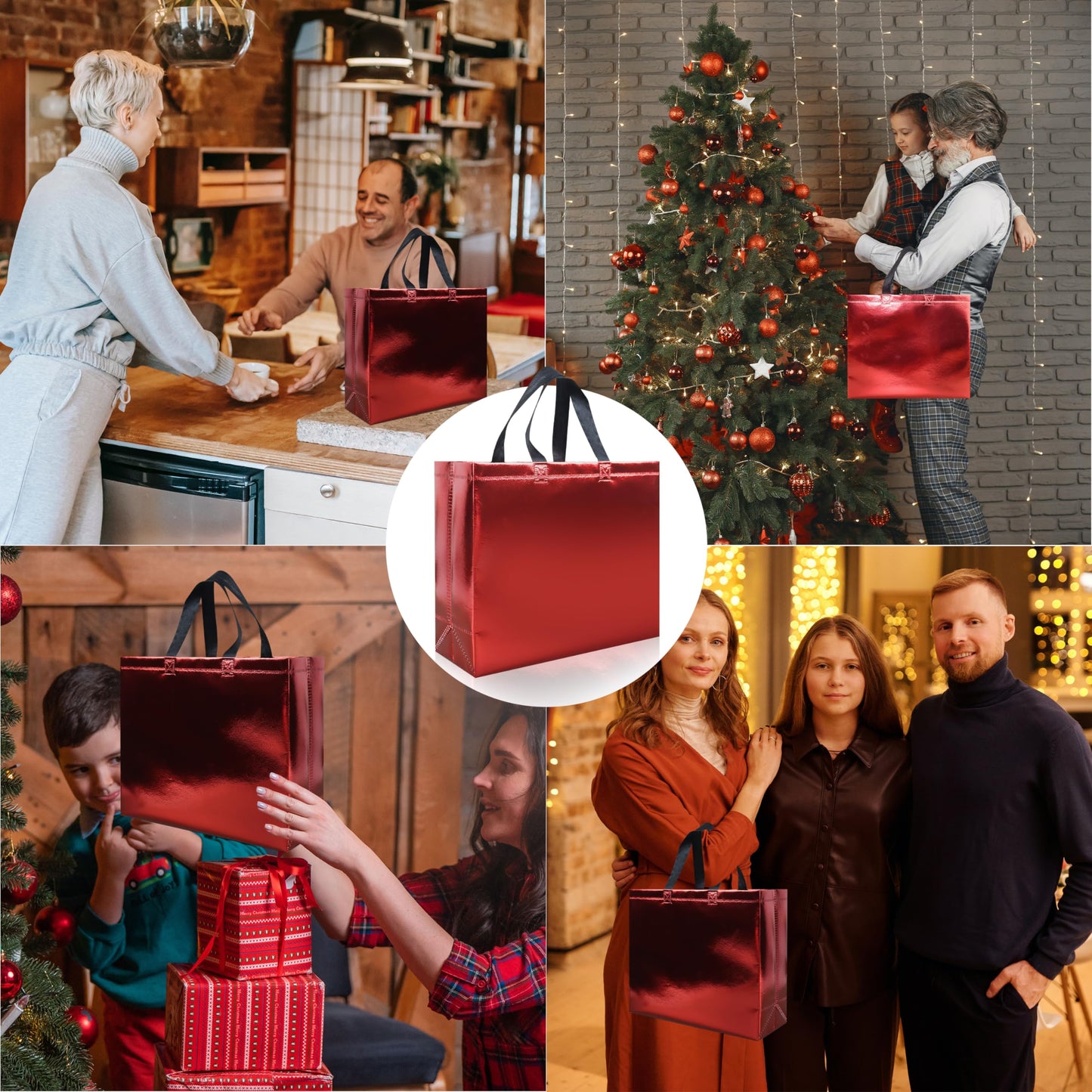 cabzymx 15 Pcs Glossy Red Reusable Gift Bags with Handles, 12.6 x 4.7 x 11 In Party Bags with Sturdy Base, Holiday Goodie Bag Bulk for Birthday, Wedding, Party, Xmas