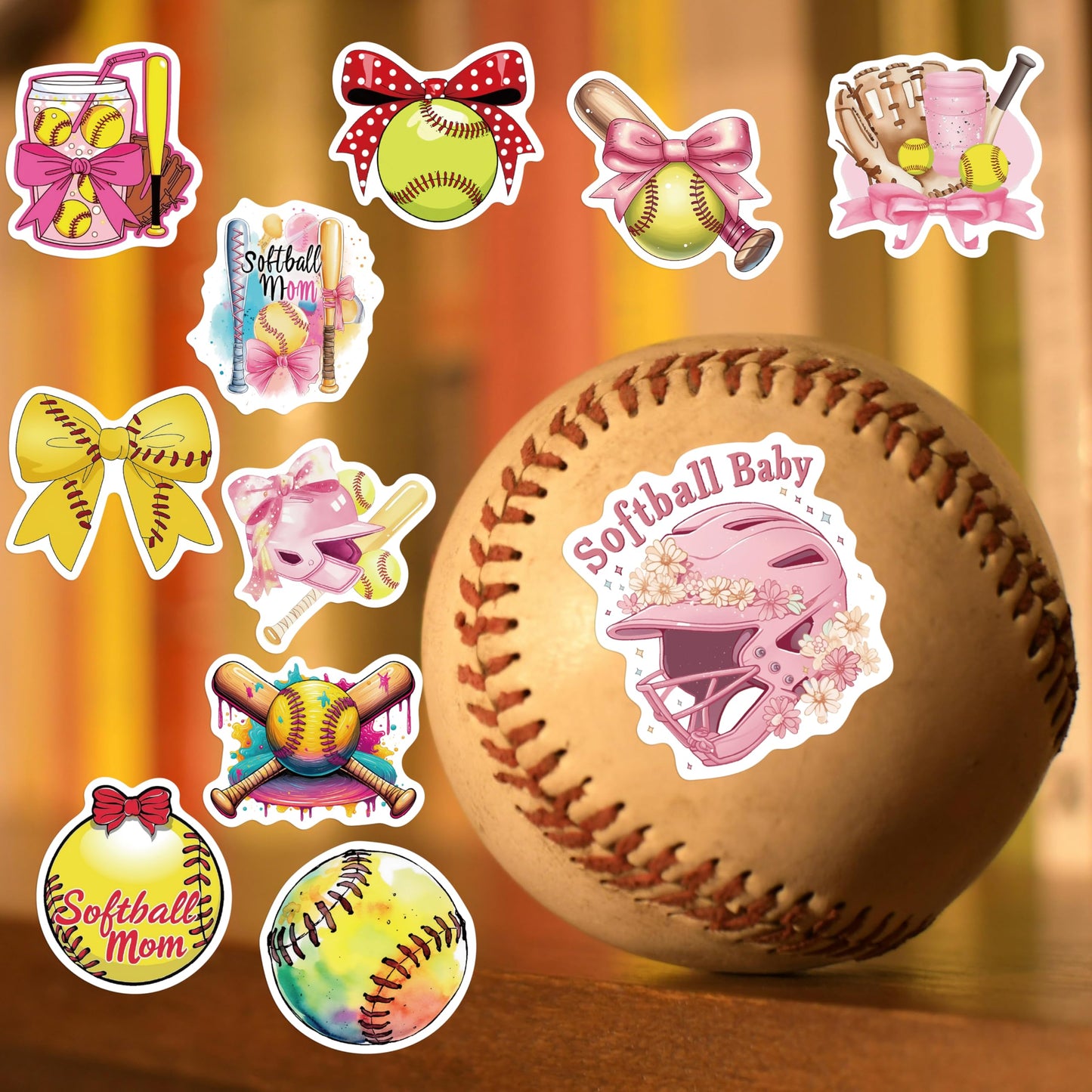 50PCS Pink Coquettte Bows Softball Stickers, Cute Motivational Vinyl Waterproof Stickers for Water Bottles,Helmets, Luggage, Teaching Incentives, Softball Gifts for Girls Kids, Teens and Adults