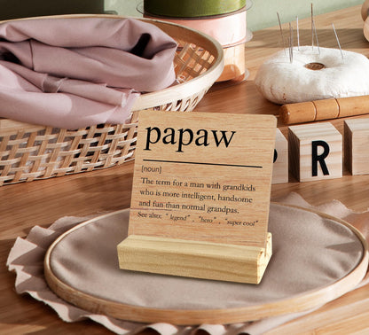 QASHWEY Papaw Gifts Desk Decor, Gifts for Papaws Grandpa, Papaws Gift for Grandpa Fathers Day, Grandpa Papa Gift Wood Table Signs, Papaw Definition Wooden Plaque with Wooden Stand for Room Home