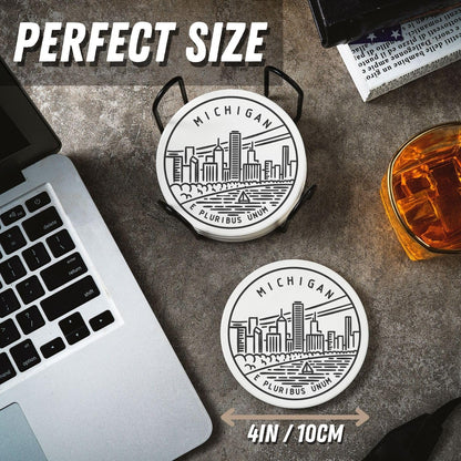 Onebttl Michigan Gifts Coasters Set of 6 with Holder - State Souvenir Housewarming Home Decor - Moving Away Homesick Gift for Women Men