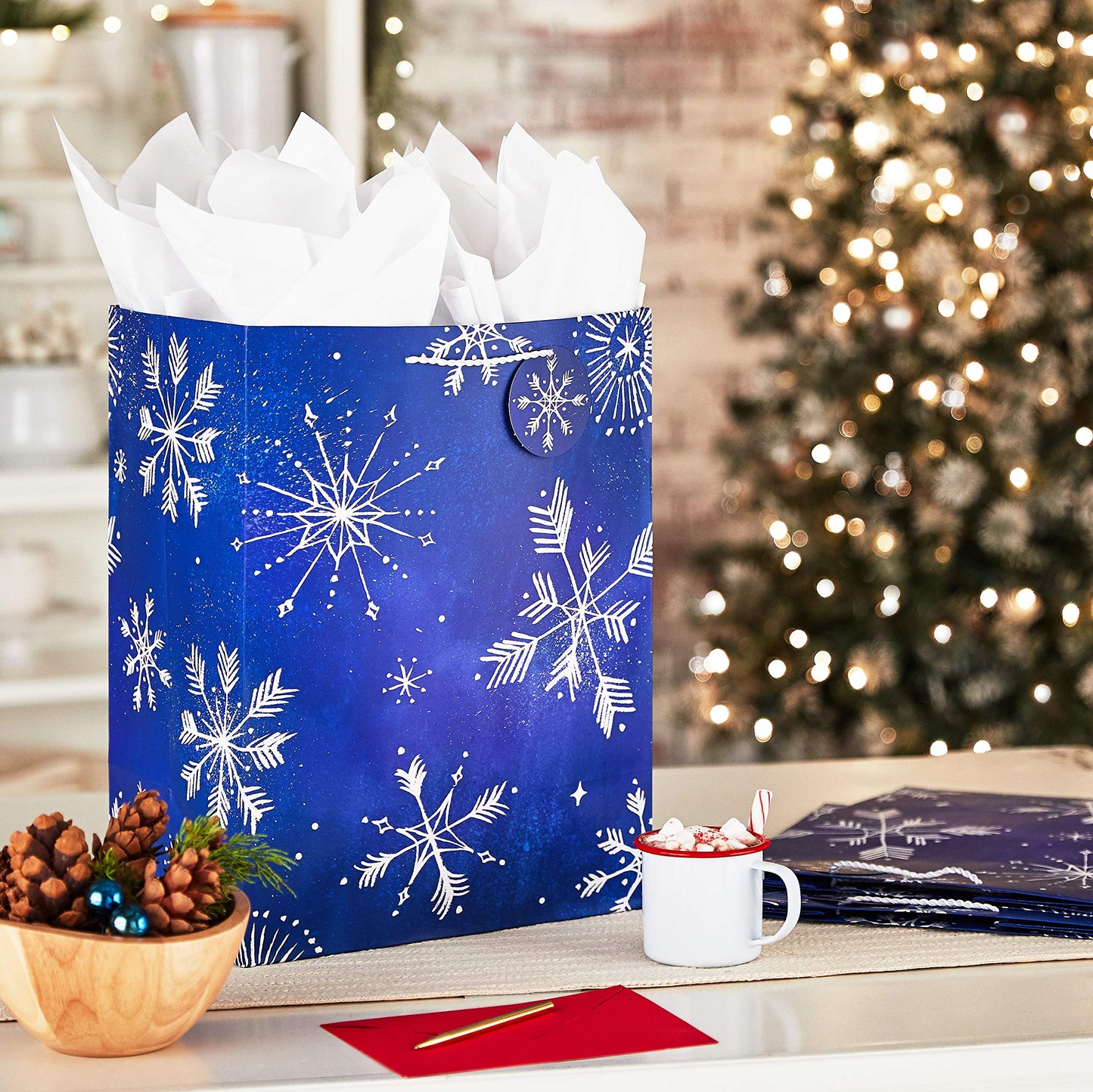 Hallmark 17" Extra Large Blue Gift Bags with Tissue Paper (3 Gift Bags: Starry Snowflakes on Navy) for Winter Weddings, Birthdays, Housewarming Gifts