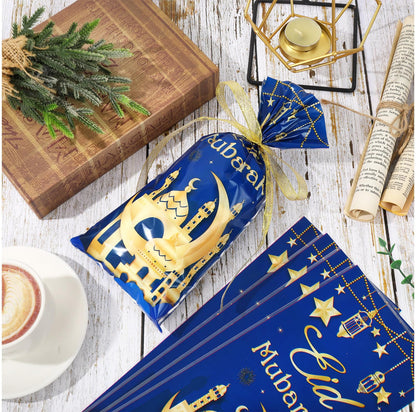 Whaline 100 Pcs Eid Mubarak Cellophane Bags with Ribbon Ramadan Plastic Treat Bags Blue Gold Candy Goodie Bags for Islamic Muslim Party Snack Cookie Packing Supplies