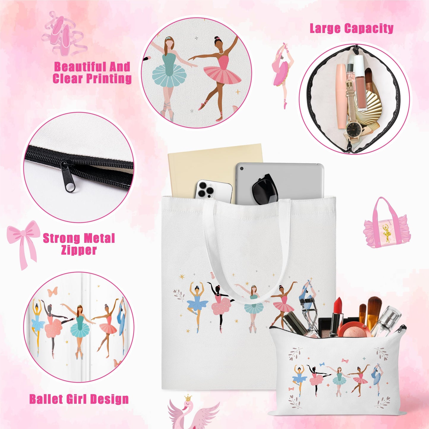 Y1tvei Ballerina Gift Set for Dancing Girls- Dainty Canvas Tote Bag Handbag, Gifts for Ballet Women Birthday Party Favors