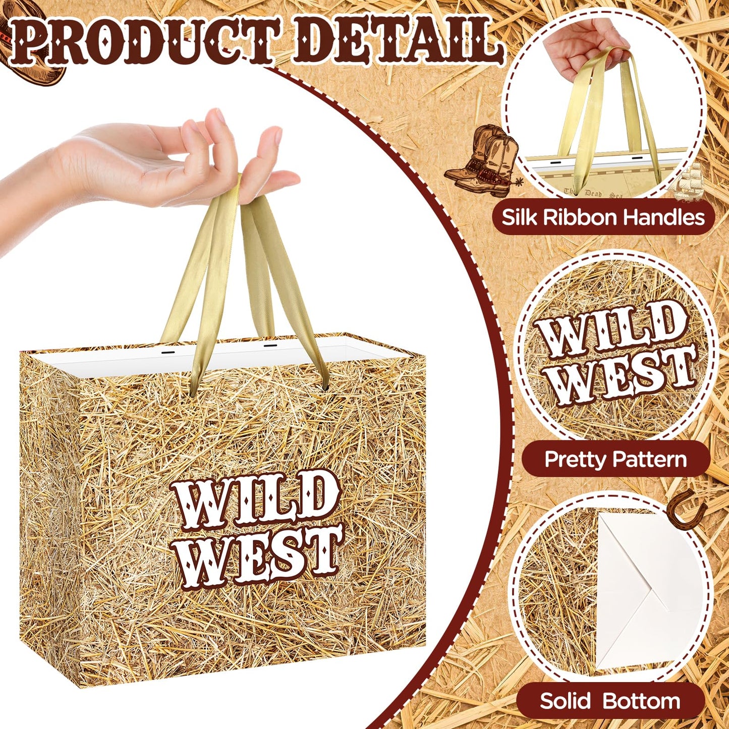 Fake Hay Bales Wild West Gift Bag with Card & Tan Wrapping Papers,Straw Yeehaw Happy Trails Western Gift Bag for Rodeo,Cowgirl Cowboy Birthday,Western-themed Wedding,Country Farm Party Goodie TreatBag