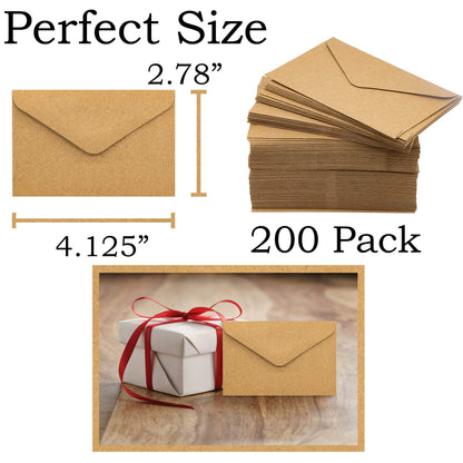 Mini Envelopes Kraft 200 Pk Small 4.125” x 2.78” Brown Gift Cards Invitations Business Notes Tiny Mini Greeting Cards Save the Date Holders Sleeves Bulk