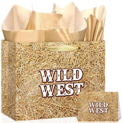 Fake Hay Bales Wild West Gift Bag with Card & Tan Wrapping Papers,Straw Yeehaw Happy Trails Western Gift Bag for Rodeo,Cowgirl Cowboy Birthday,Western-themed Wedding,Country Farm Party Goodie TreatBag