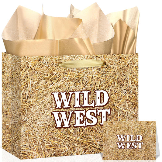 Fake Hay Bales Wild West Gift Bag with Card & Tan Wrapping Papers,Straw Yeehaw Happy Trails Western Gift Bag for Rodeo,Cowgirl Cowboy Birthday,Western-themed Wedding,Country Farm Party Goodie TreatBag