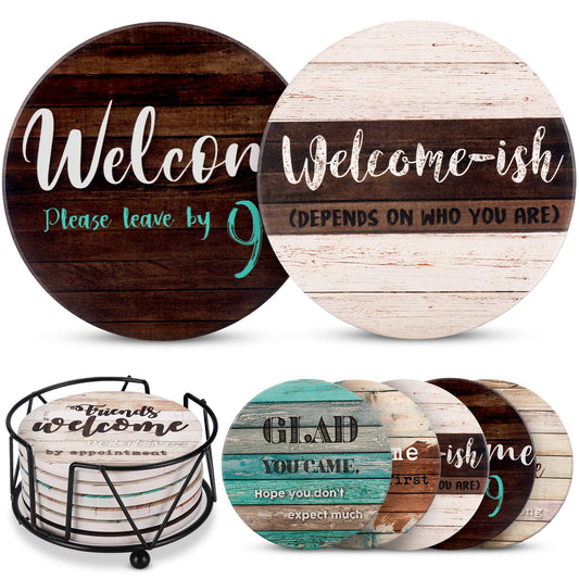Funny Coasters - House Warming Gifts New Home - Housewarming Gifts for Women, Men, Couple, New Homeowner - Farmhouse Bar Coasters for Drinks with Holder - First Apartment Essentials