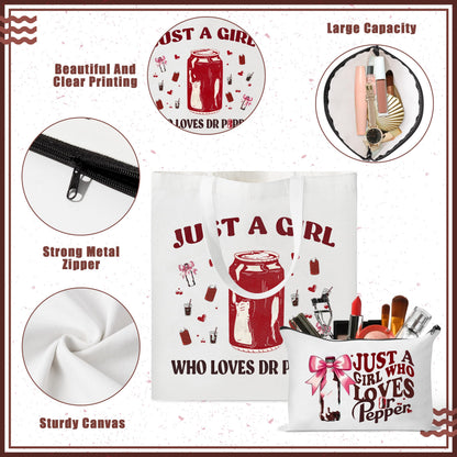 Drinks Lovers Canvas Bags - 2Pcs Soda Drinks Lover Gift Tote Bag Makeup Bag, Bring Me A Pepper And Tell Me I’m Pretty Handbag Cosmetic Pouch, Supply for Birthday Party Vodka Drinkers