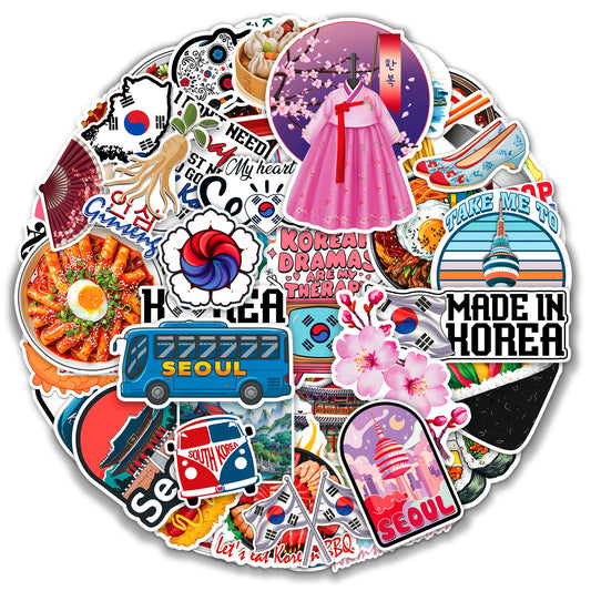 Korea Travel Stickers 50 Pieces Vinyl Waterproof Decal for Laptop Water Bottle Phone Car Window Bike Motorcycle Stakeboard Scrapbook Korean Sticker Gifts