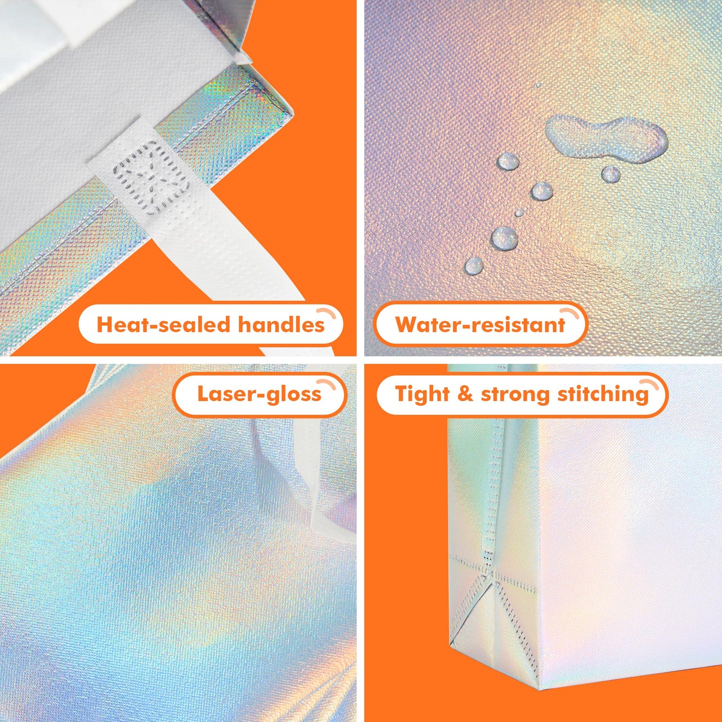 METAPRINT 15 Pcs Iridescent Glossy Gift Bags Medium Size, 8x4x10 Inch Holographic Reusable Gift Bags with Handles & Sturdy Base, Ideal for Birthday, Wedding
