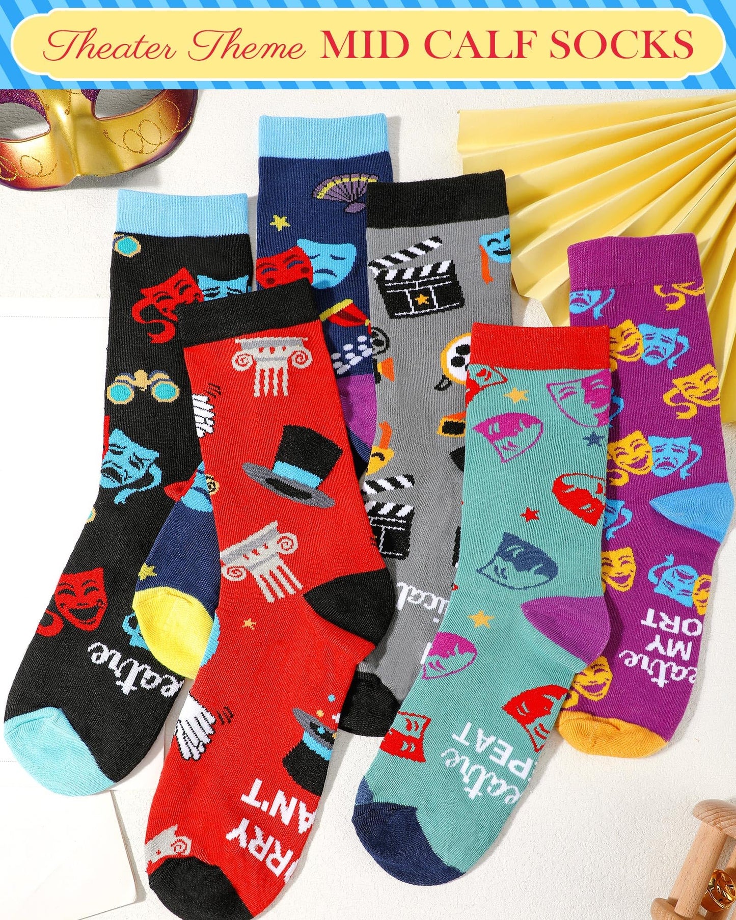 Glitopper 6 Pairs Funny Theatre Socks for Women Musical Theater Gift Crew Cotton Socks Novelty Graduation Gifts for Theatre Lovers