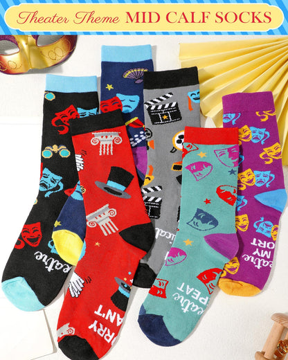 Glitopper 6 Pairs Funny Theatre Socks for Women Musical Theater Gift Crew Cotton Socks Novelty Graduation Gifts for Theatre Lovers