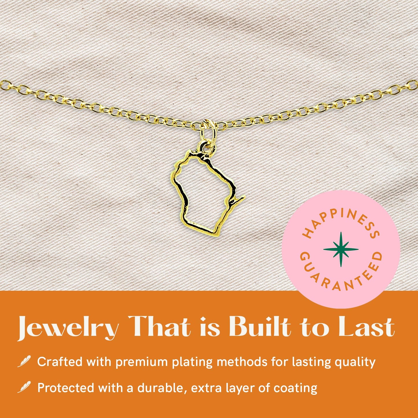 Lucky Feather State Shaped Necklace | 14k Gold-Dipped Pendant Necklace | Easter Basket Stuffer | State Love Fashion Jewelry For Women | Dainty Necklace For Women | Great Gift Idea