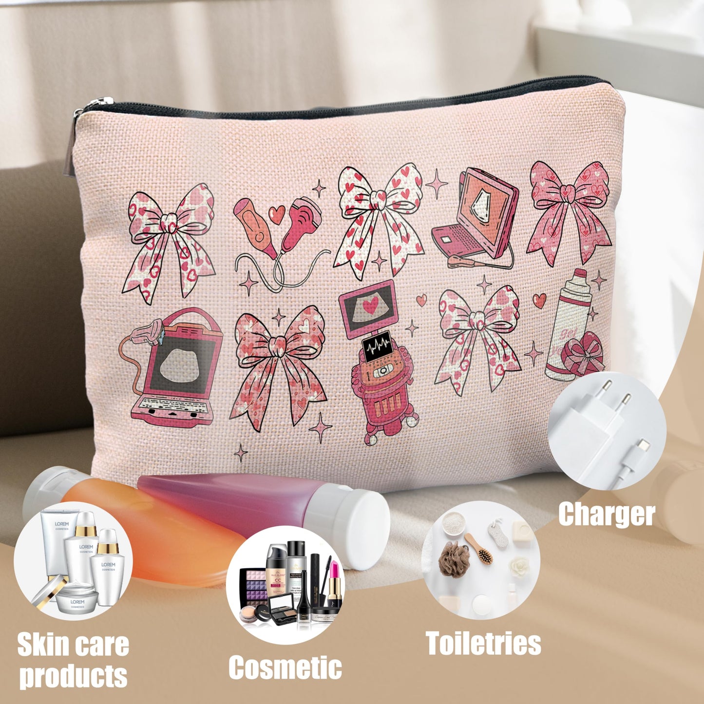 Coquette Pink Bow Sonographer Gifts Makeup Bag, Ultrasound Tech Technologist Gifts Cosmetic Bags for Women, Medical Nursing Zipper Makeup Pouch Travel Toiletry Bag