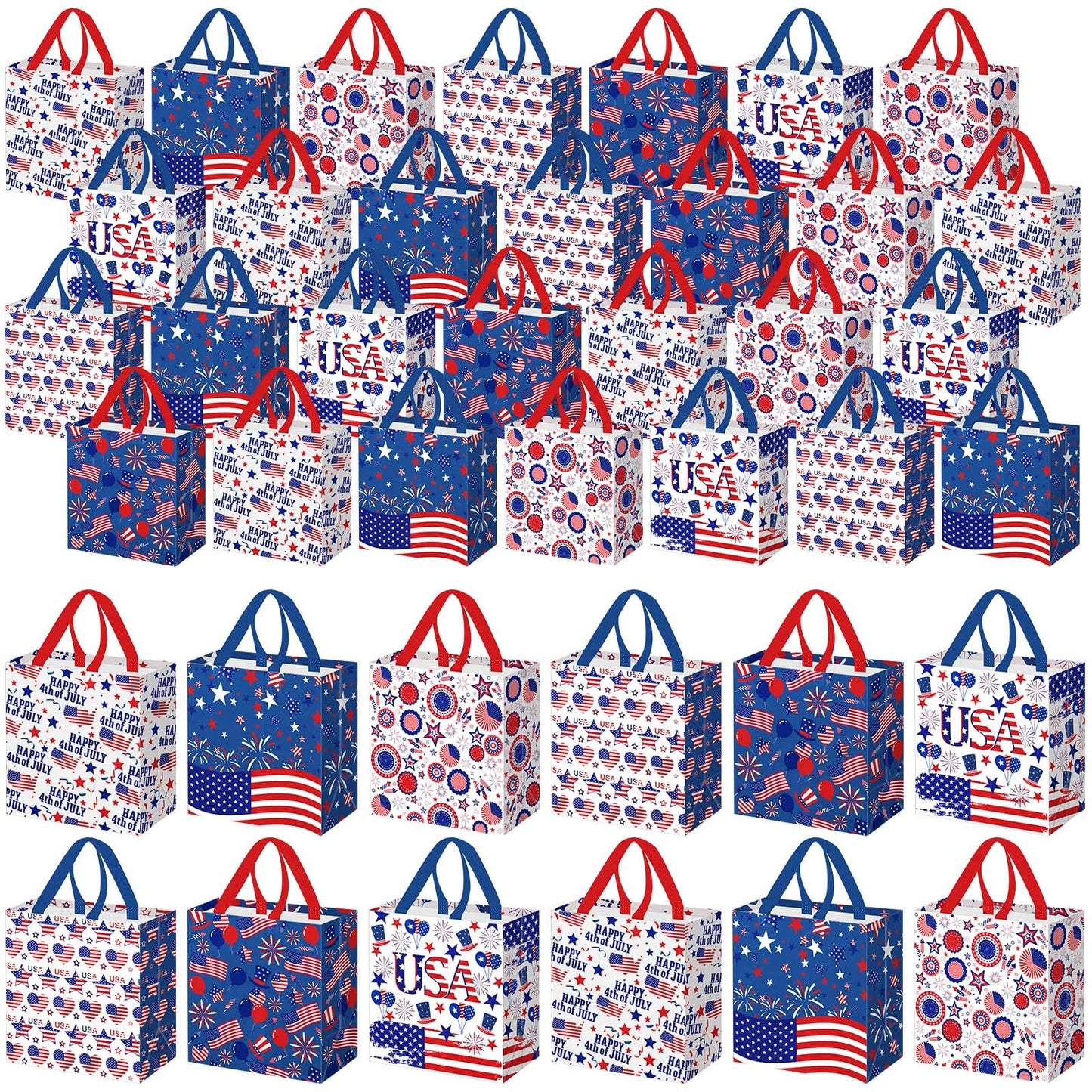 Wesnoy 48 Pcs 4th of July Patriotic Gift Bags Bulk with Handle Non Woven 250th Anniversary Goodie Bag Independence Day American Flag Memorial Day Tote Bag Holiday Party Favor, 11.4 x 10.6 x 4.7 Inch
