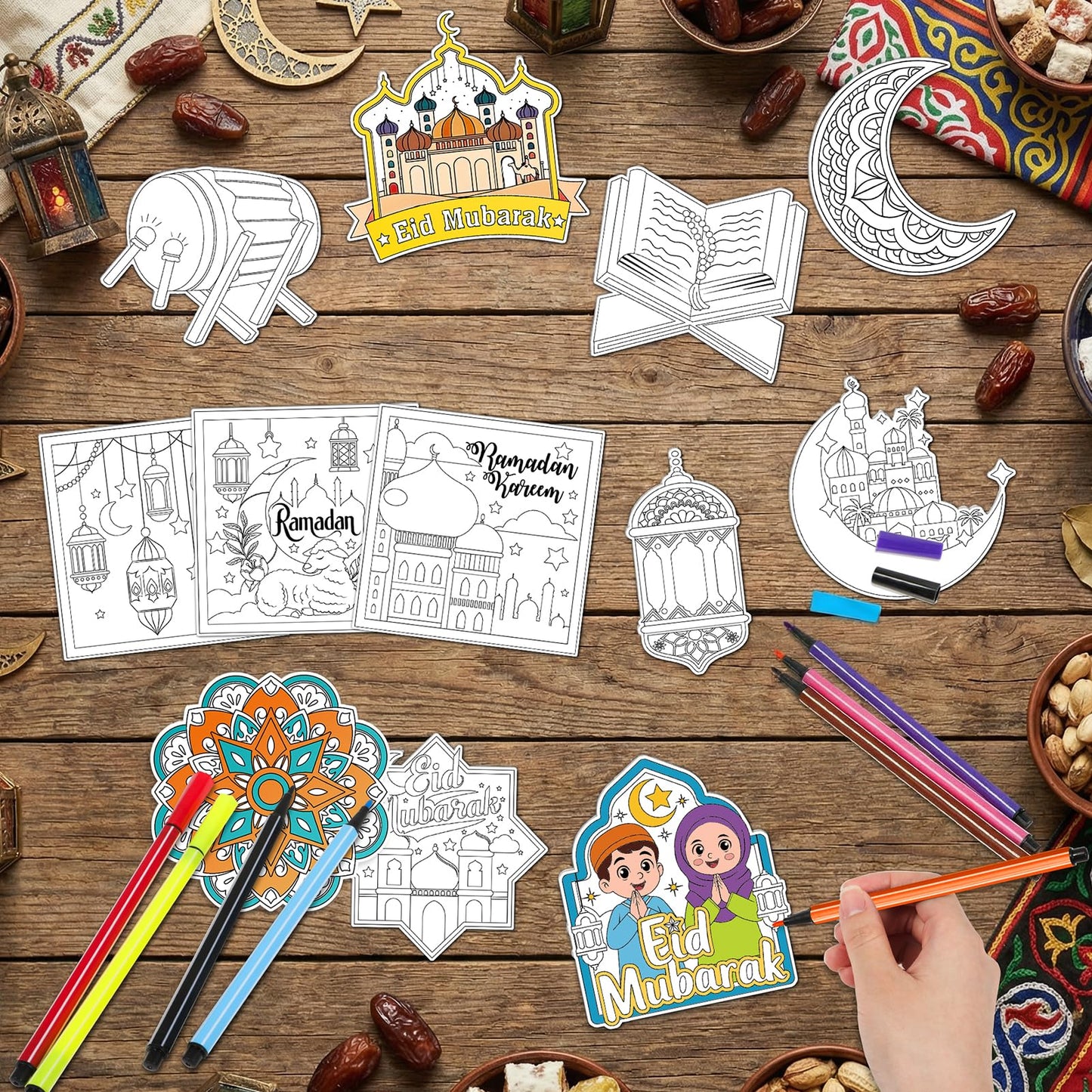 HOWAF 24 PCS Ramadan Crafts Fridge Magnet Kit, Color Your Own Eid DIY Fridge Magnet Include 24 Magnet Paint Pens Eid Mubarak Gifts for Kids Party Supplies Home School Activities
