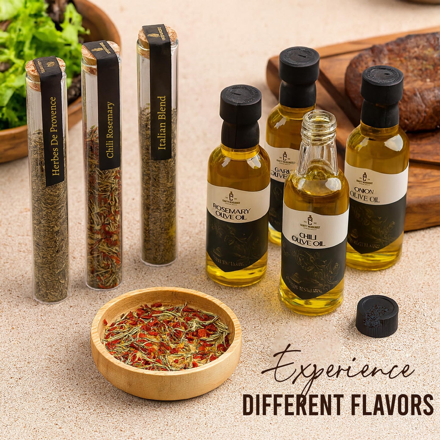 Infused Olive Oil Gift Set – Variety Pack - 4 Flavored Olive Oil Extra Virgin, 3 Spice Flavorful Infusion Blends, Bread Dipping Bowl & Recipe Booklet - Set of 8 – Gourmet Cooking Gifts for Women - Mothers Day Gifts For Mom