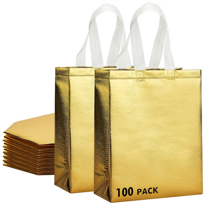 RACETOP 100 Pcs Gold Reusable Gift Bags Medium Size, 8x4x10 Inch Gold Gift Bags with Handles & Sturdy Base, Ideal for Birthday, Wedding, Bachelorette, Party Favors, Holiday Goodie