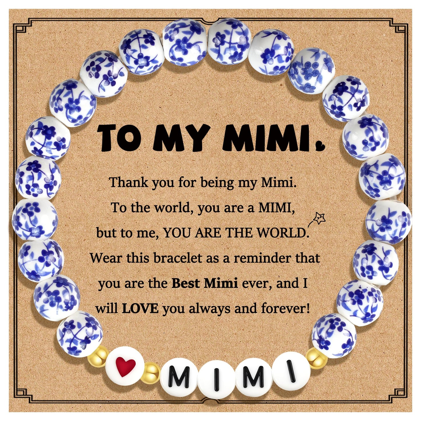 Sereney Mimi/Gigi/Nana/New Mom Gifts, Mimi/Gigi/Nana/New Mom Bracelet as Birthday Gift for Grandmother Great-grandmother Mother-in-law Mama, Bule and White Porcelain Stretch Bead Bracelet for Women