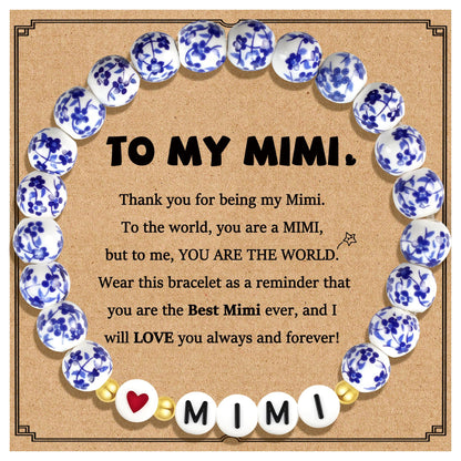 Sereney Mimi/Gigi/Nana/New Mom Gifts, Mimi/Gigi/Nana/New Mom Bracelet as Birthday Gift for Grandmother Great-grandmother Mother-in-law Mama, Bule and White Porcelain Stretch Bead Bracelet for Women