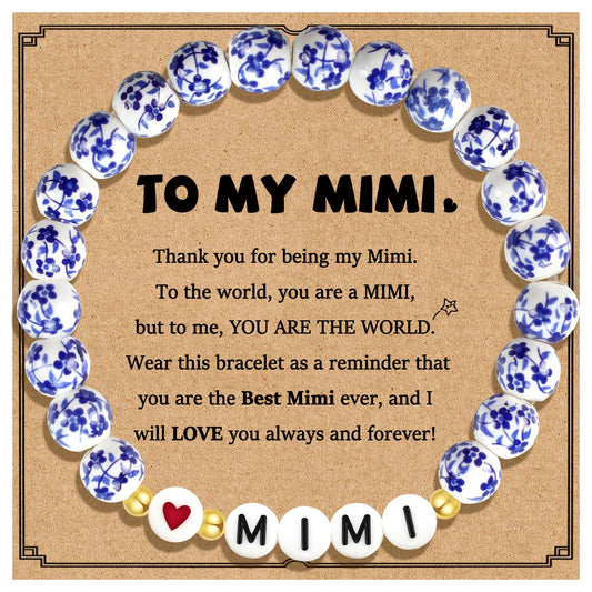 Sereney Mimi/Gigi/Nana/New Mom Gifts, Mimi/Gigi/Nana/New Mom Bracelet as Birthday Gift for Grandmother Great-grandmother Mother-in-law Mama, Bule and White Porcelain Stretch Bead Bracelet for Women