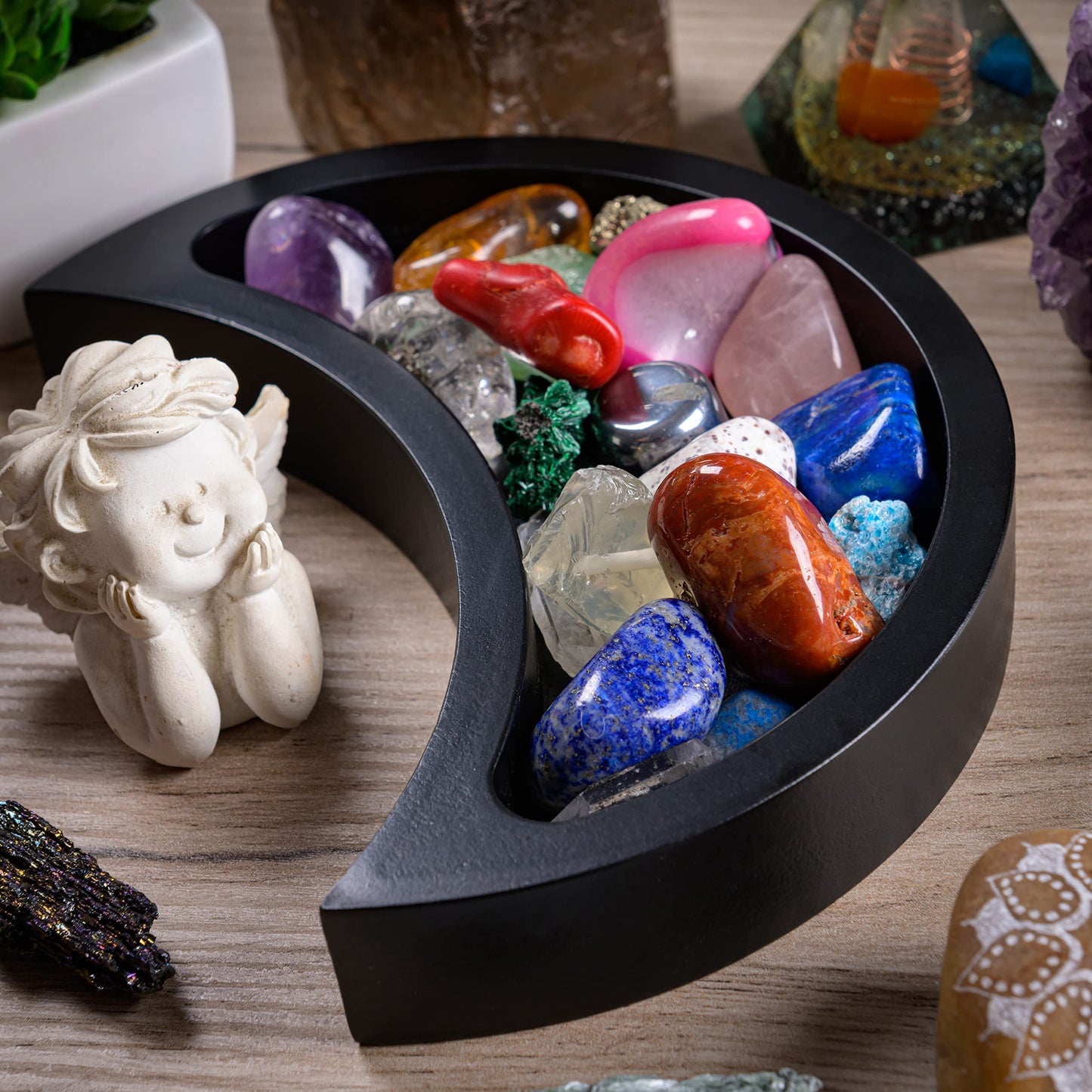 Crescent Moon Tray - Showcase Your Gems, Healing Stones & Treasures - 6"x3" Wooden Crystal Display Tray, Crystal Holder for Stones Display Shelf, Gemstone Rock Holder Charging Bowl, Black, S
